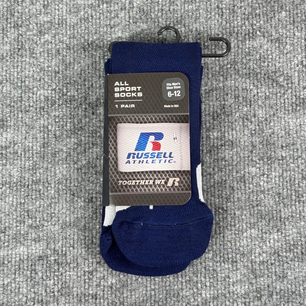 Russell Athletic Socks Mens 6-12 All Sport Navy Blue White Baseball USA Made NEW